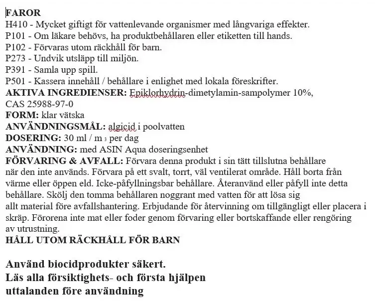 Aseko Pool & Spa Algi Cid Flüssigalgizid, 20 l – klare Flüssigkeit mit Gefahrenhinweis H410